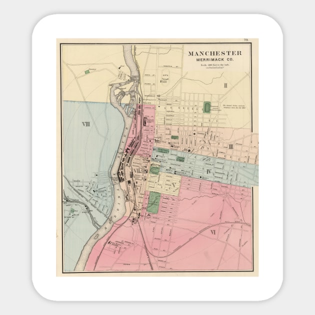 Vintage Map of Manchester New Hampshire (1877) Sticker by Bravuramedia